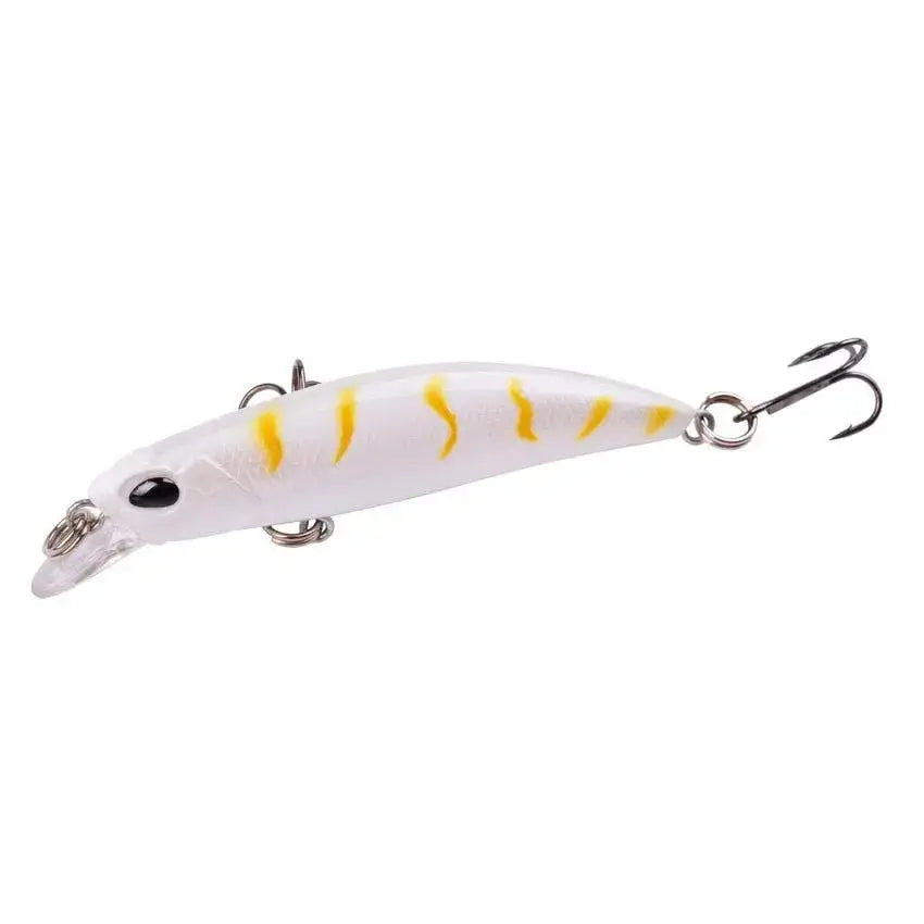 Slow minnow lures set featuring a white lure with yellow stripes and dual hooks for fishing enthusiasts