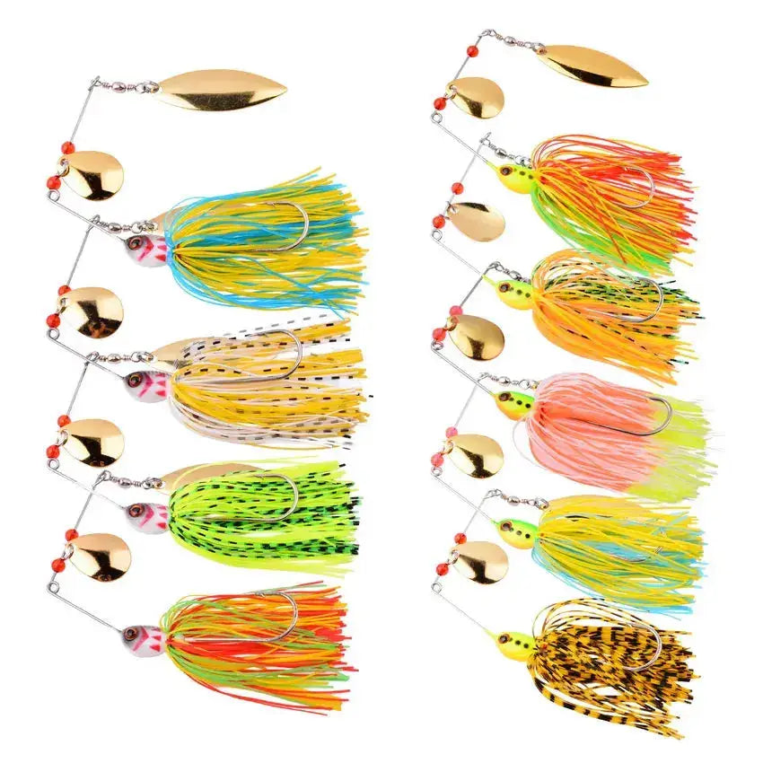 Variety of spinnerbait fishing lures with colorful skirts and blades for effective bass fishing