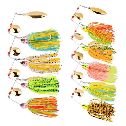 Variety of spinnerbait fishing lures with colorful skirts and blades for effective bass fishing