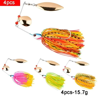 Set of 4 spinnerbait fishing lures with vibrant colored skirts and shiny blades for effective fishing