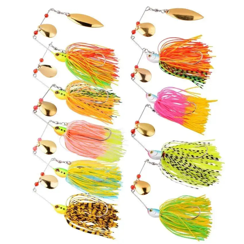 Colorful spinnerbait fishing lures set with bright skirts and shiny blades for attracting fish