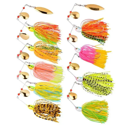 Colorful spinnerbait fishing lures set with bright skirts and shiny blades for attracting fish