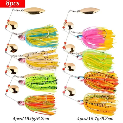 Set of 8 colorful spinnerbait fishing lures in various designs for effective fishing