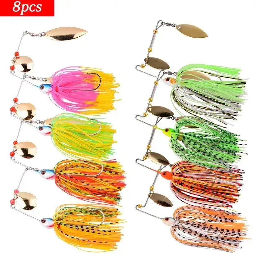 Set of 8 vibrant spinnerbait fishing lures with assorted colors and shiny blades for effective angling