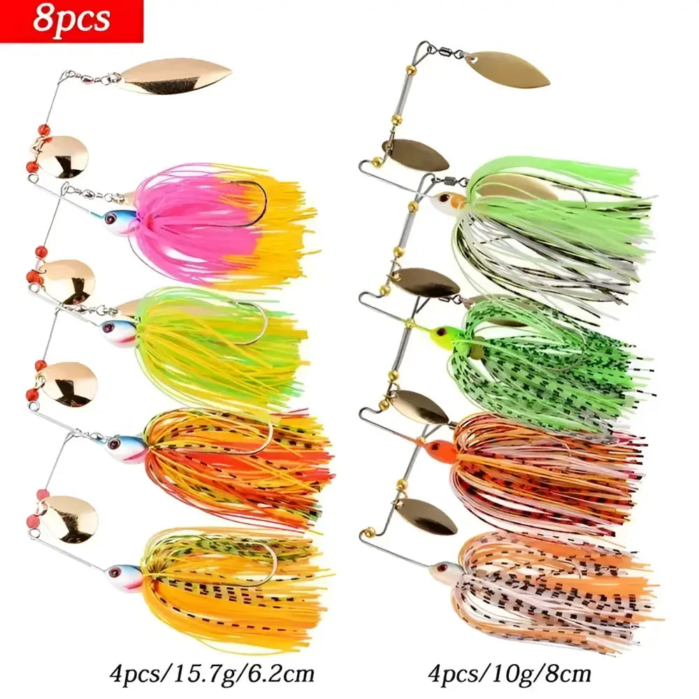 Assorted spinnerbait fishing lures in vibrant colors. Includes 4pcs of 15.7g and 4pcs of 10g varieties.