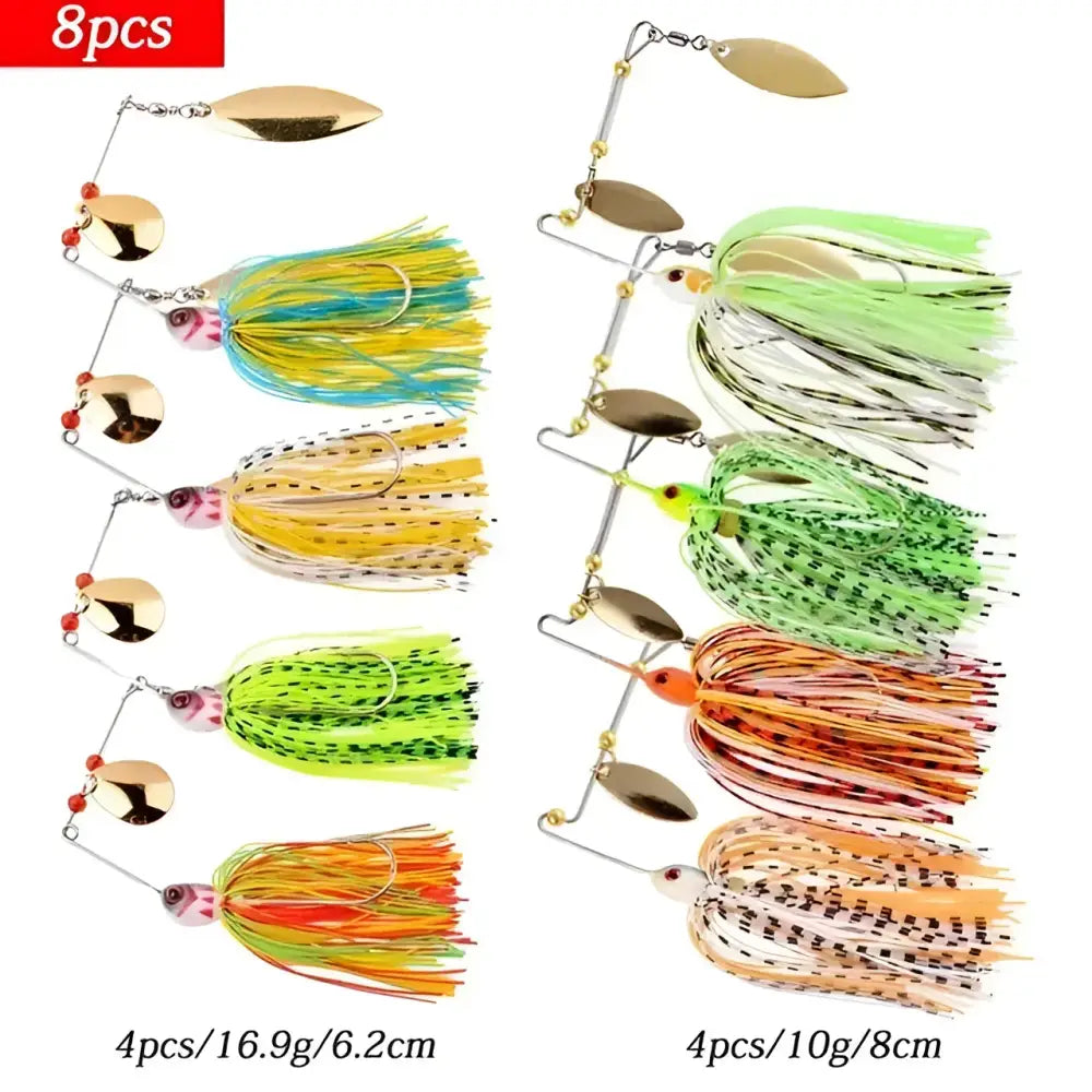 Set of 8 spinnerbait fishing lures featuring vibrant colors and varying weights for effective fishing