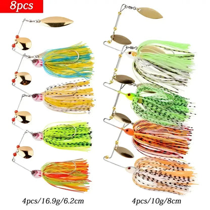 Set of 8 spinnerbait fishing lures featuring vibrant colors and varying weights for effective fishing