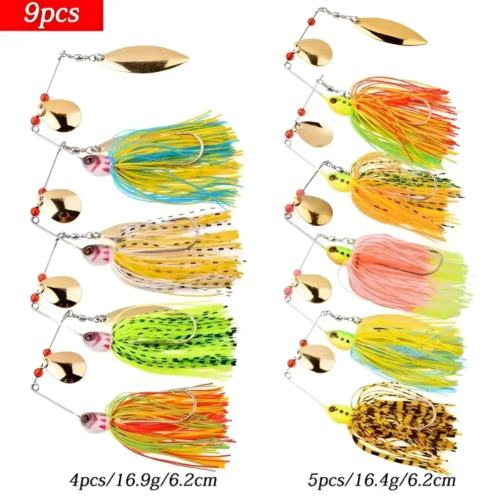 Set of 9 spinnerbait fishing lures in vibrant colors with various weights for effective fishing
