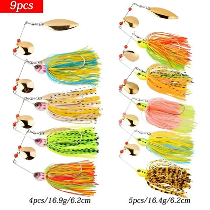 Set of 9 spinnerbait fishing lures in vibrant colors with various weights for effective fishing