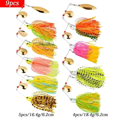 Set of 9 spinnerbait fishing lures in various colors with shiny blades for effective bass fishing