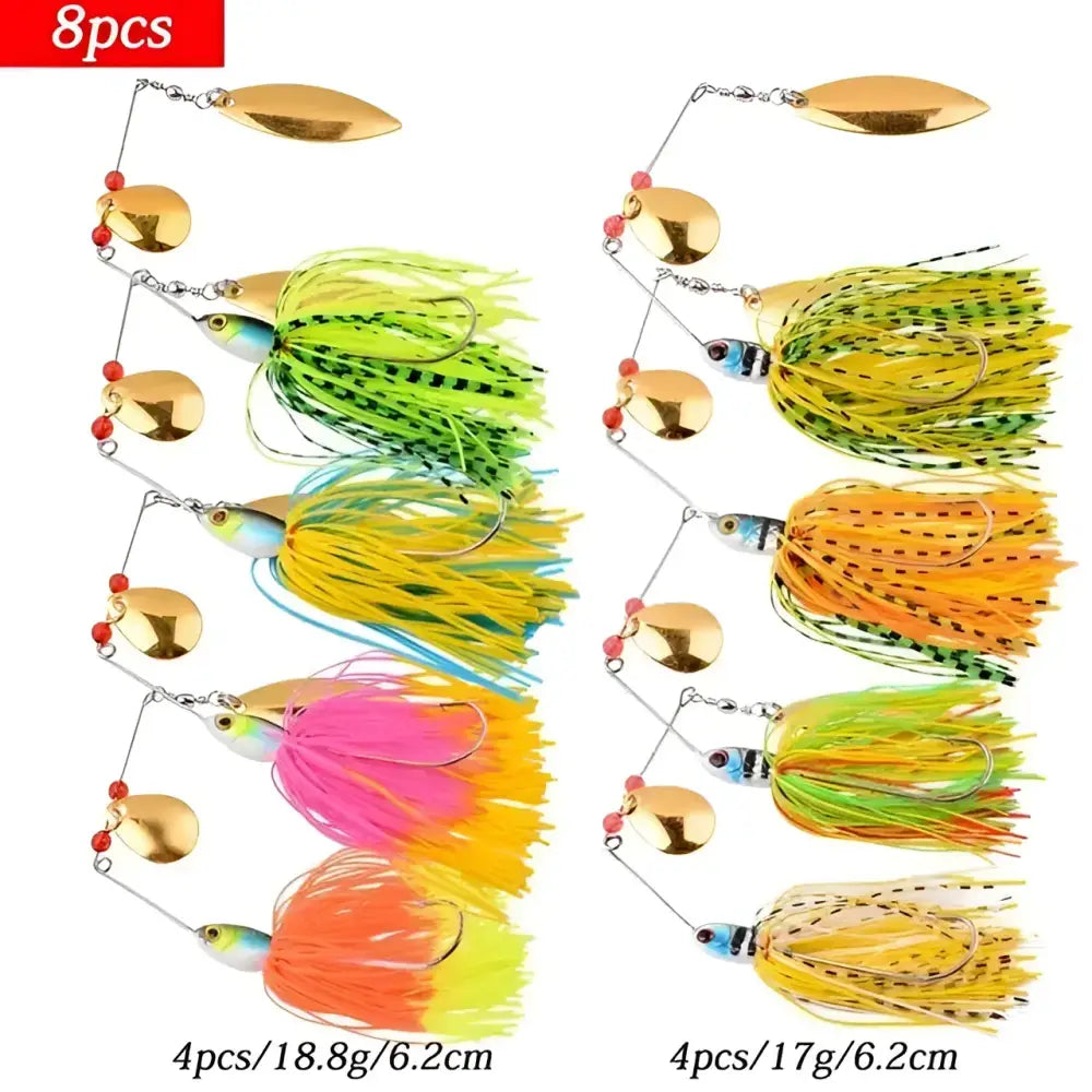 Set of 8 vibrant spinnerbait fishing lures in various colors and sizes for effective fishing