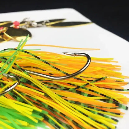 Close-up of spinnerbait fishing lures with vibrant green and yellow skirt for effective fishing