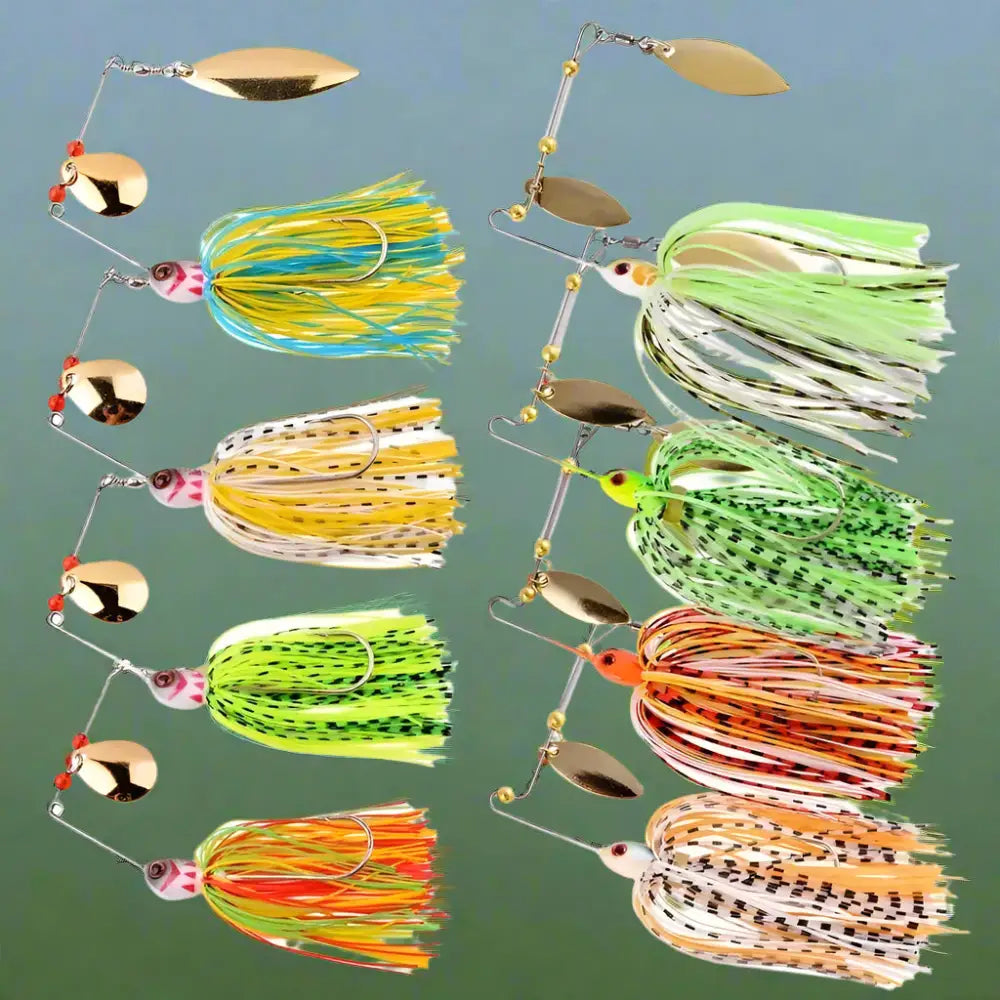 Assorted spinnerbait fishing lures in vibrant colors for effective freshwater fishing