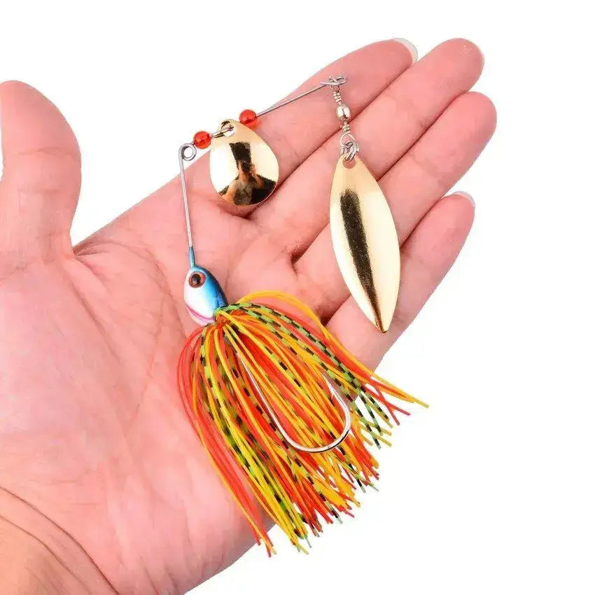 Colorful spinnerbait fishing lures with vibrant skirts designed for effective bass fishing