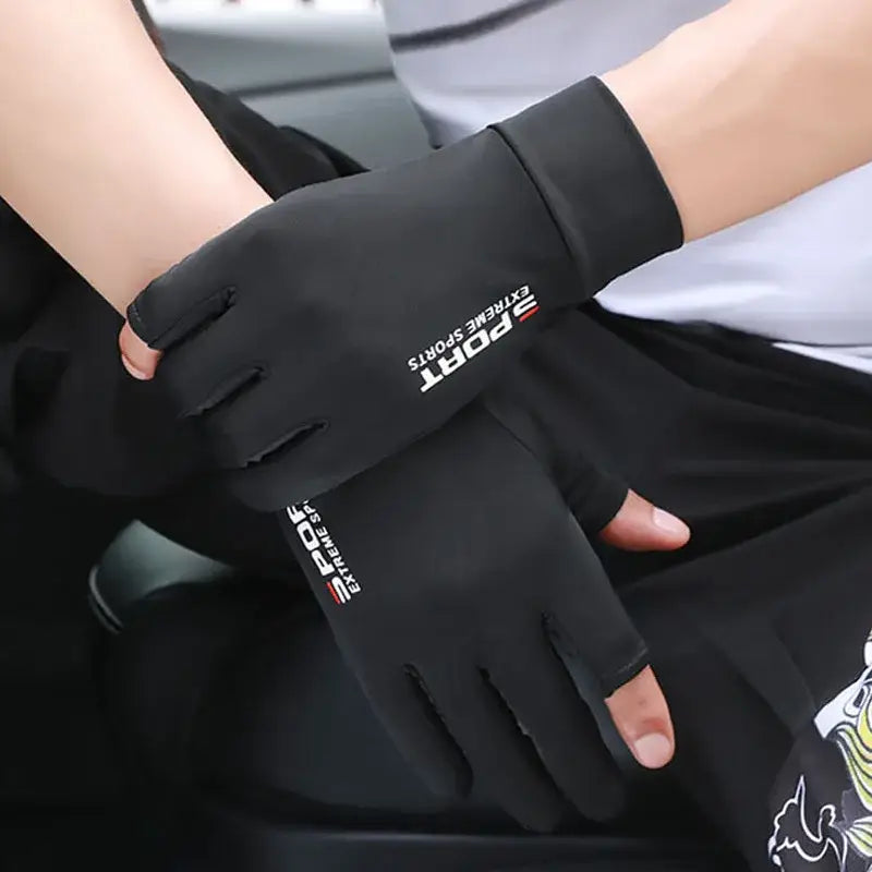 Black anti-UV fishing gloves designed for comfort and sun protection during fishing trips