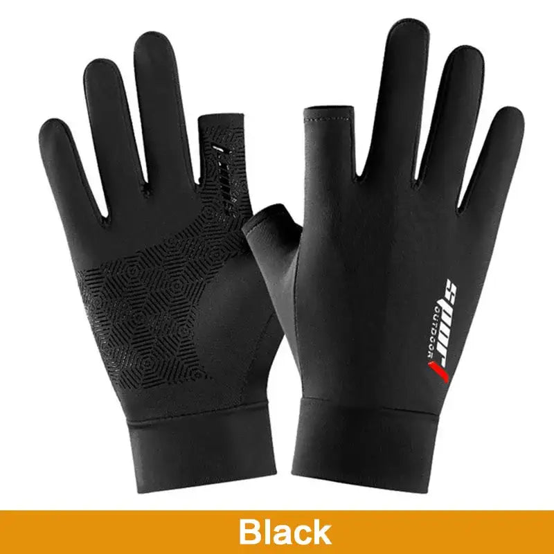 Black anti-UV fishing gloves designed for sun protection and enhanced grip during fishing trips