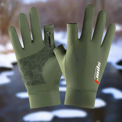Green anti-UV fishing gloves with a textured grip for enhanced handling and sun protection