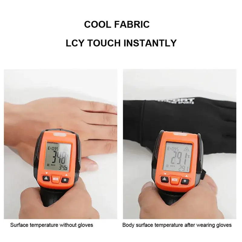Cool fabric anti-UV fishing gloves demonstrating temperature difference for sun protection