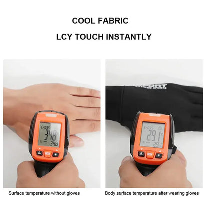 Cool fabric anti-UV fishing gloves demonstrating temperature difference for sun protection