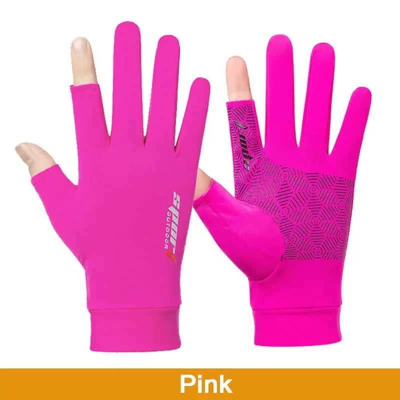 Pink anti-UV fishing gloves designed for sun protection during fishing trips