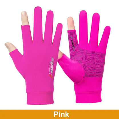 Pink anti-UV fishing gloves designed for sun protection during fishing trips