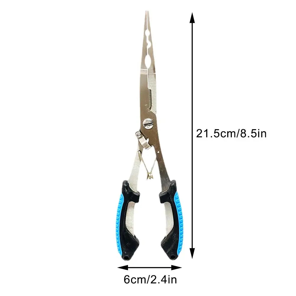 Stainless steel fishing pliers with ergonomic grips measuring 21.5cm for easy catch handling