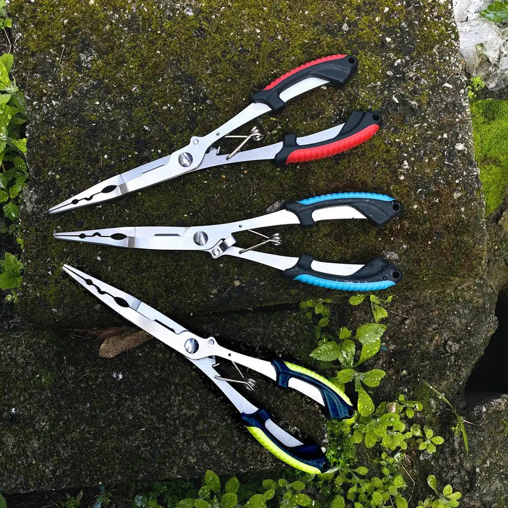 Set of stainless steel fishing pliers in various colors for anglers and fishing enthusiasts