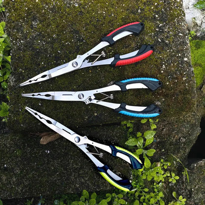 Set of stainless steel fishing pliers in various colors for anglers and fishing enthusiasts