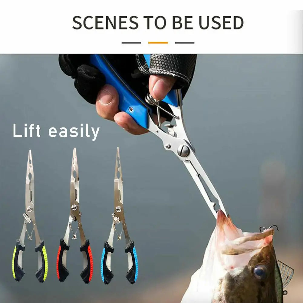 Stainless steel fishing pliers shown in use for easily lifting fish during catch and release