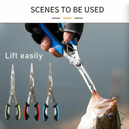 Stainless steel fishing pliers shown in use for easily lifting fish during catch and release
