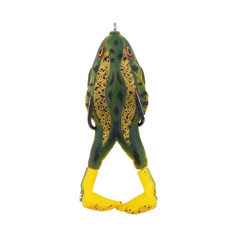 Topwater frog lure for bass fishing in green and yellow with realistic frog design