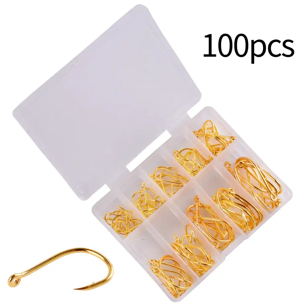 Ultimate fishing hooks set featuring 100 gold hooks organized in a clear storage box