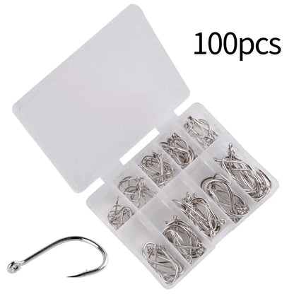 100pcs ultimate fishing hooks set organized in a clear storage box for easy access