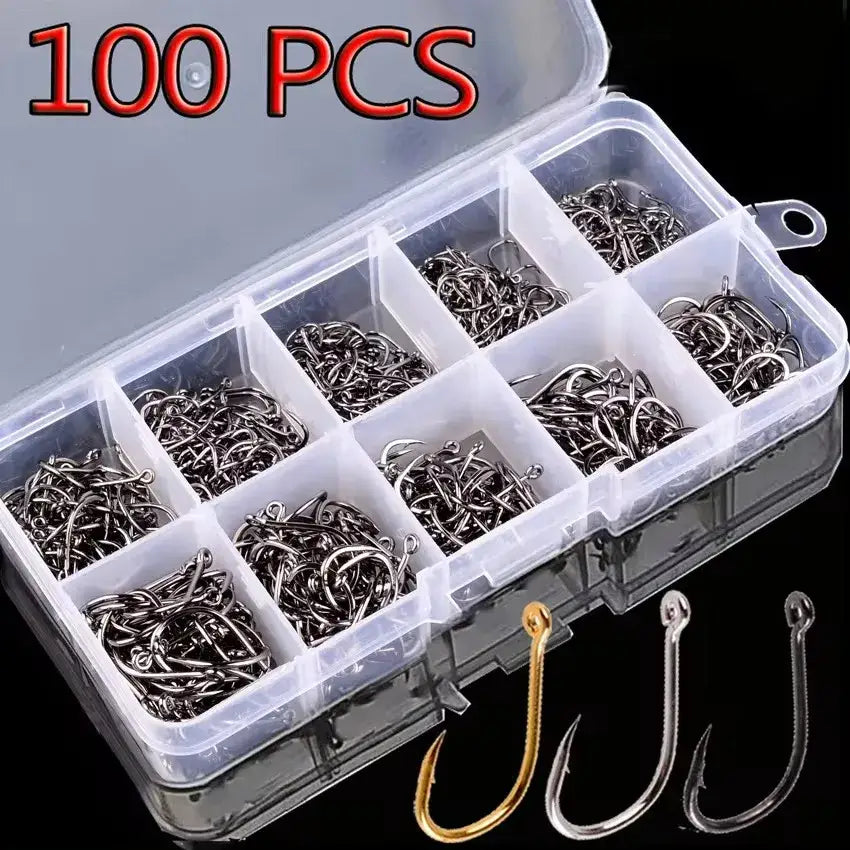 Ultimate fishing hooks set with 100 pieces in a clear storage box for versatile fishing needs