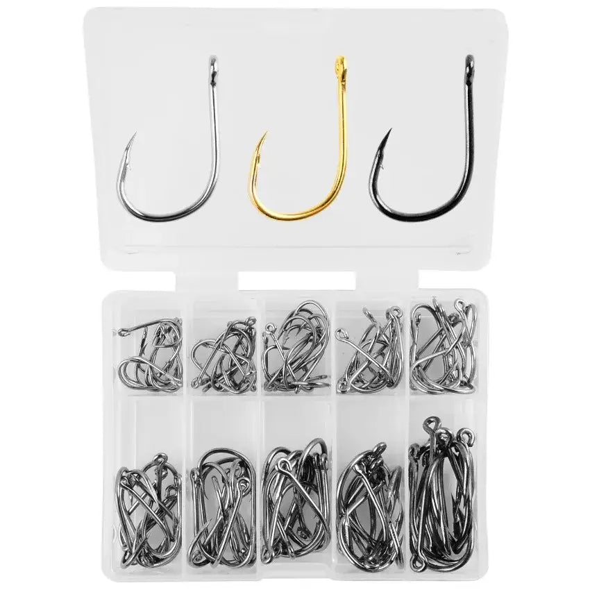Ultimate fishing hooks set in a clear storage box with various sizes and styles for all fishing needs