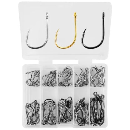 Ultimate fishing hooks set in a clear storage box with various sizes and styles for all fishing needs