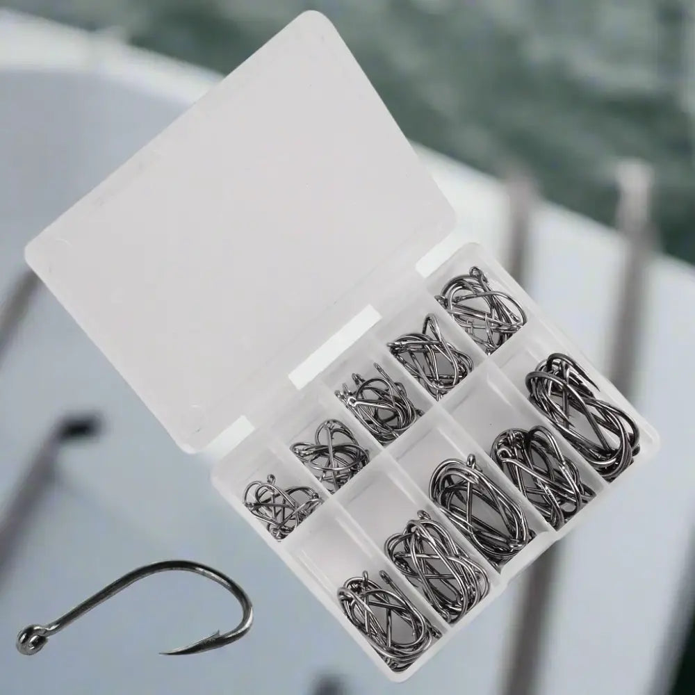Ultimate fishing hooks set in a clear storage box with various sizes for all fishing needs