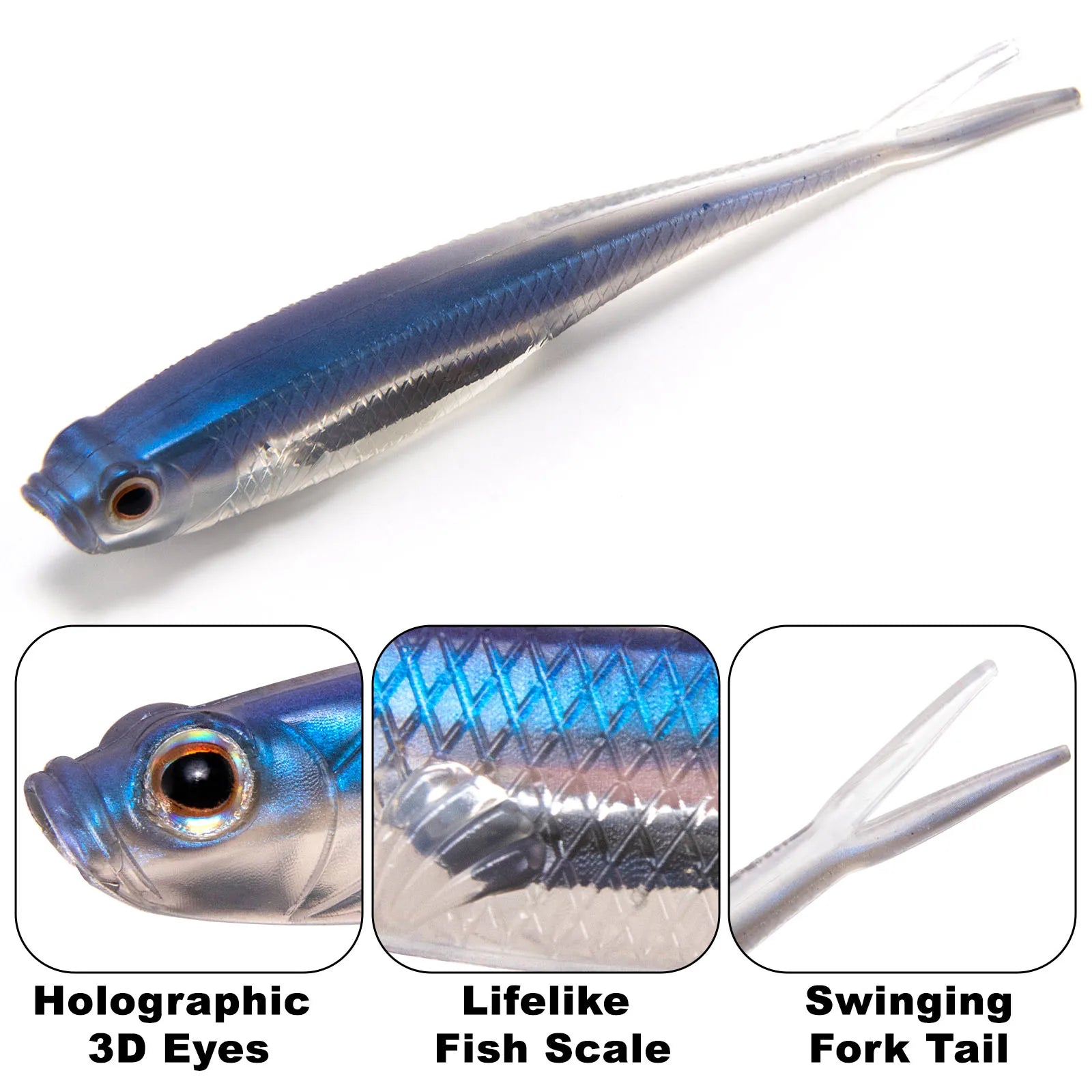 Bass fishing soft bait in silver with holographic eyes and lifelike fish scale design for effective catches
