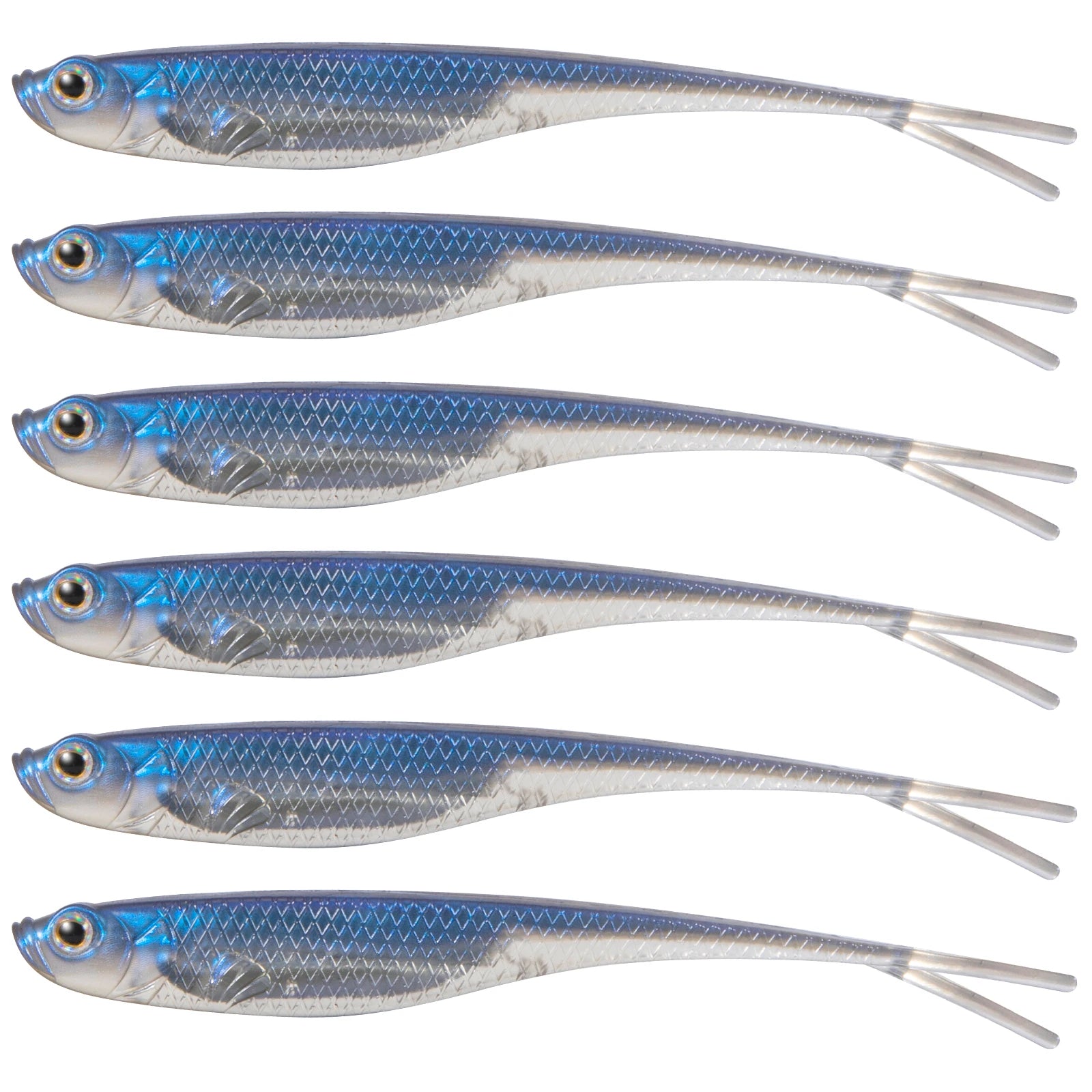 Set of six blue bass fishing soft bait lures designed for effective freshwater fishing