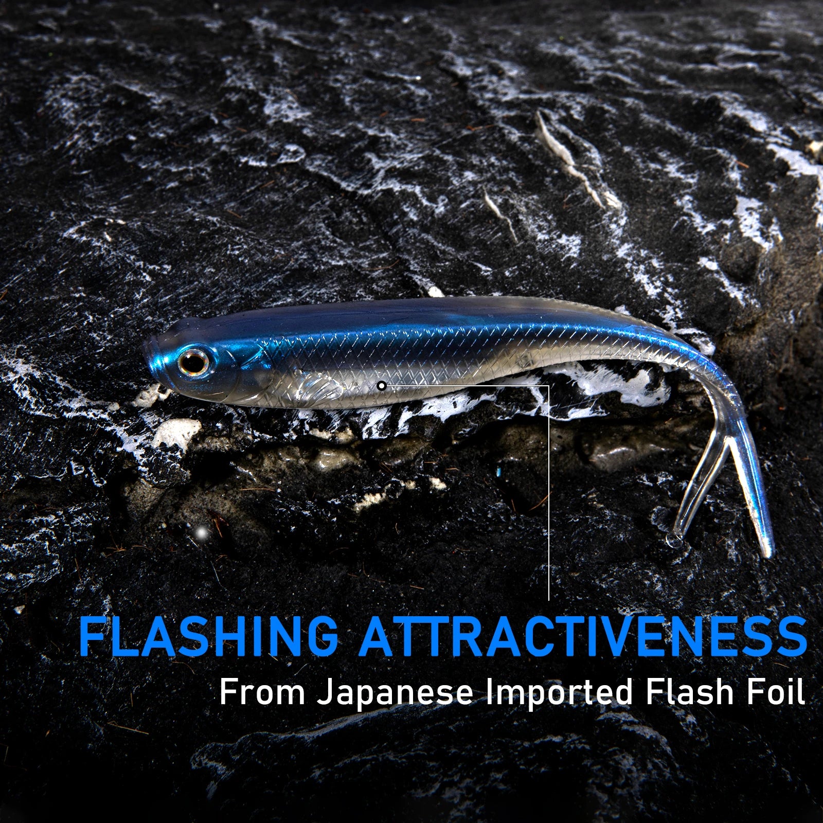 Bass fishing soft bait with sleek design featuring Japanese imported flash foil for enhanced attractiveness