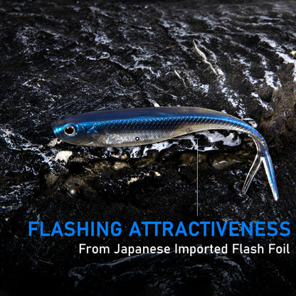 Bass fishing soft bait with sleek design featuring Japanese imported flash foil for enhanced attractiveness