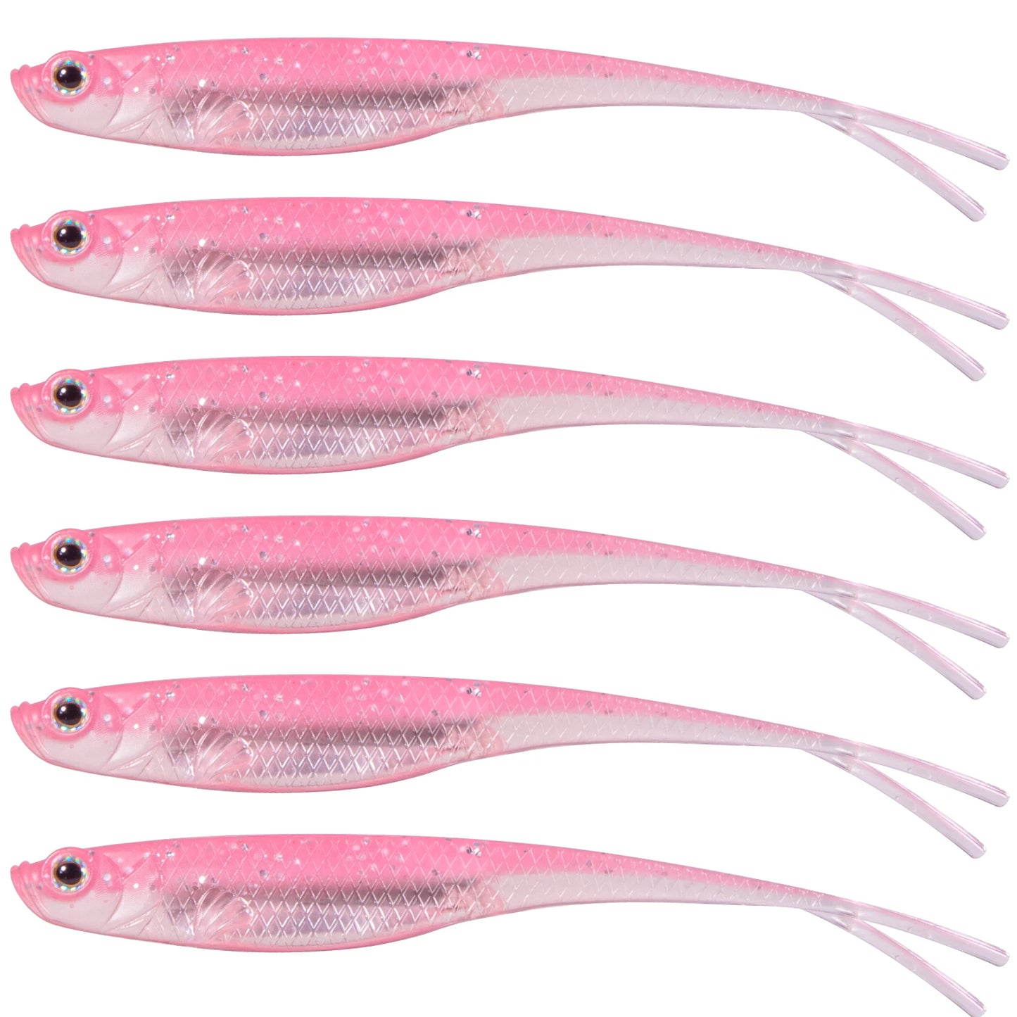 Set of six pink bass fishing soft bait lures designed for effective freshwater fishing