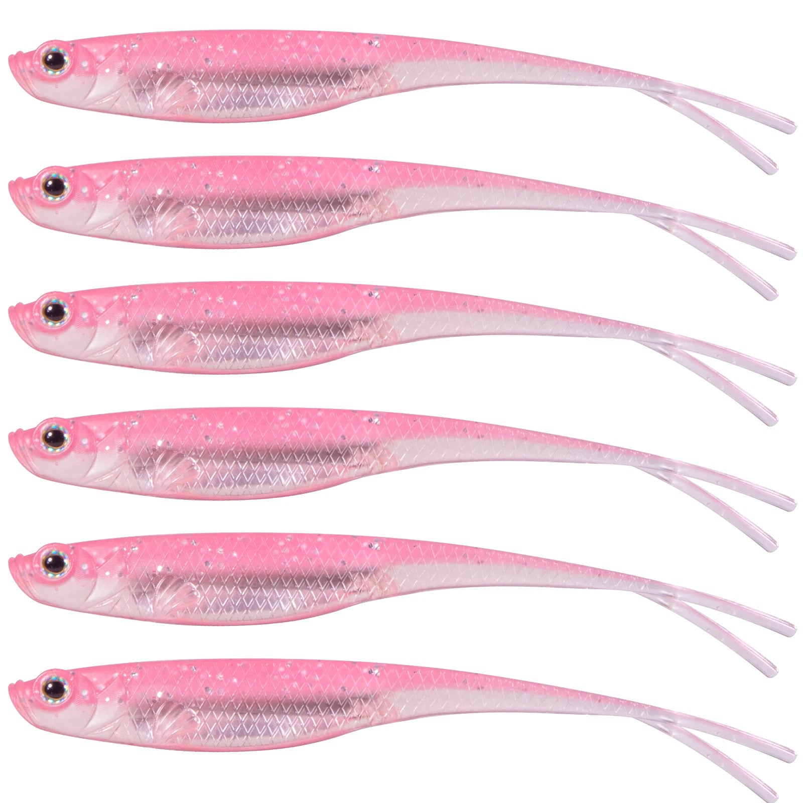 Set of six pink bass fishing soft bait lures designed for effective freshwater fishing
