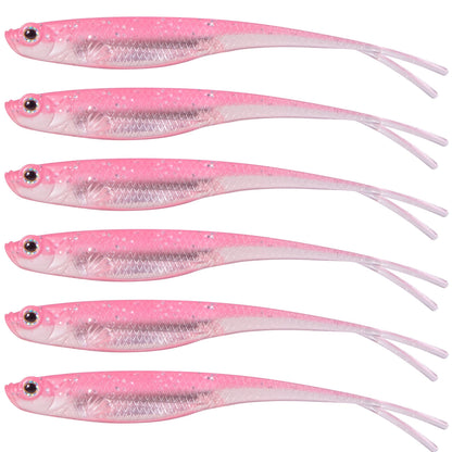 Set of six pink bass fishing soft bait lures designed for effective freshwater fishing