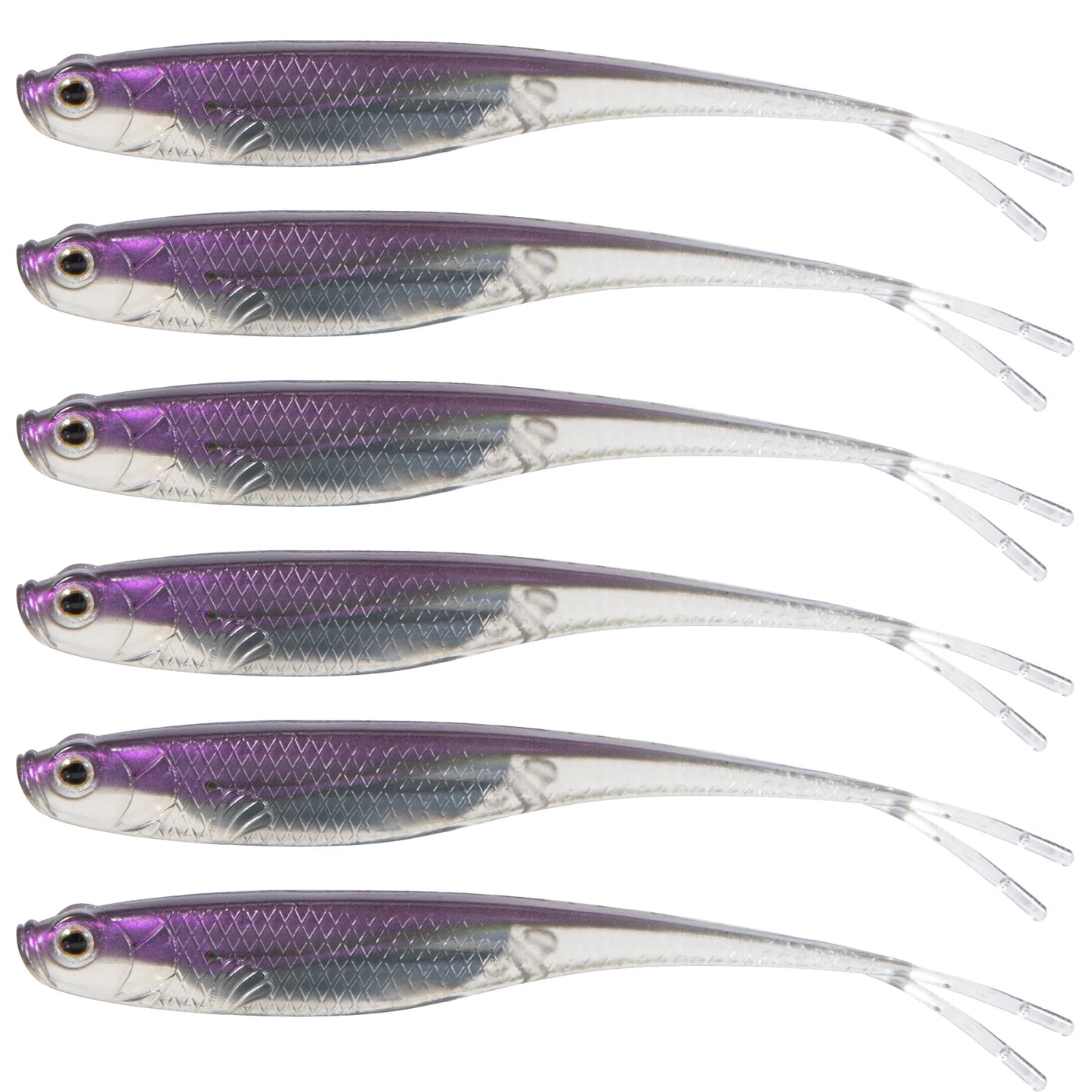 Set of six transparent bass fishing soft bait lures with purple accents for attractive and effective fishing