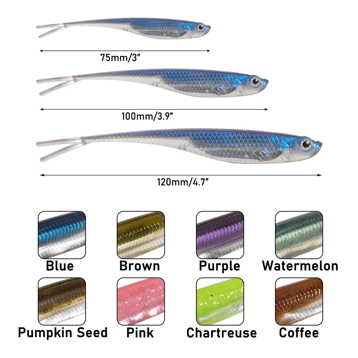 Three bass fishing soft bait lures in various colors and sizes for effective fishing