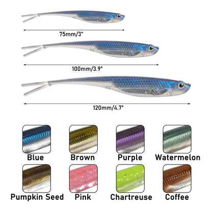 Three bass fishing soft bait lures in various colors and sizes for effective fishing