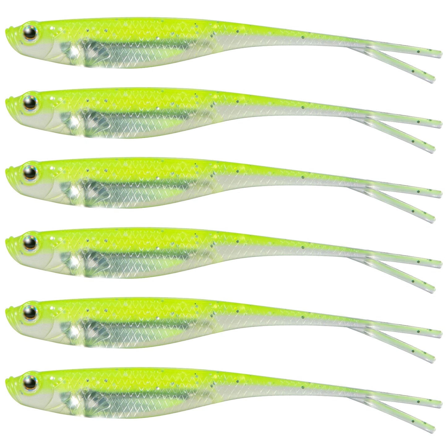 Set of six bright yellow bass fishing soft bait lures with realistic details for effective fishing