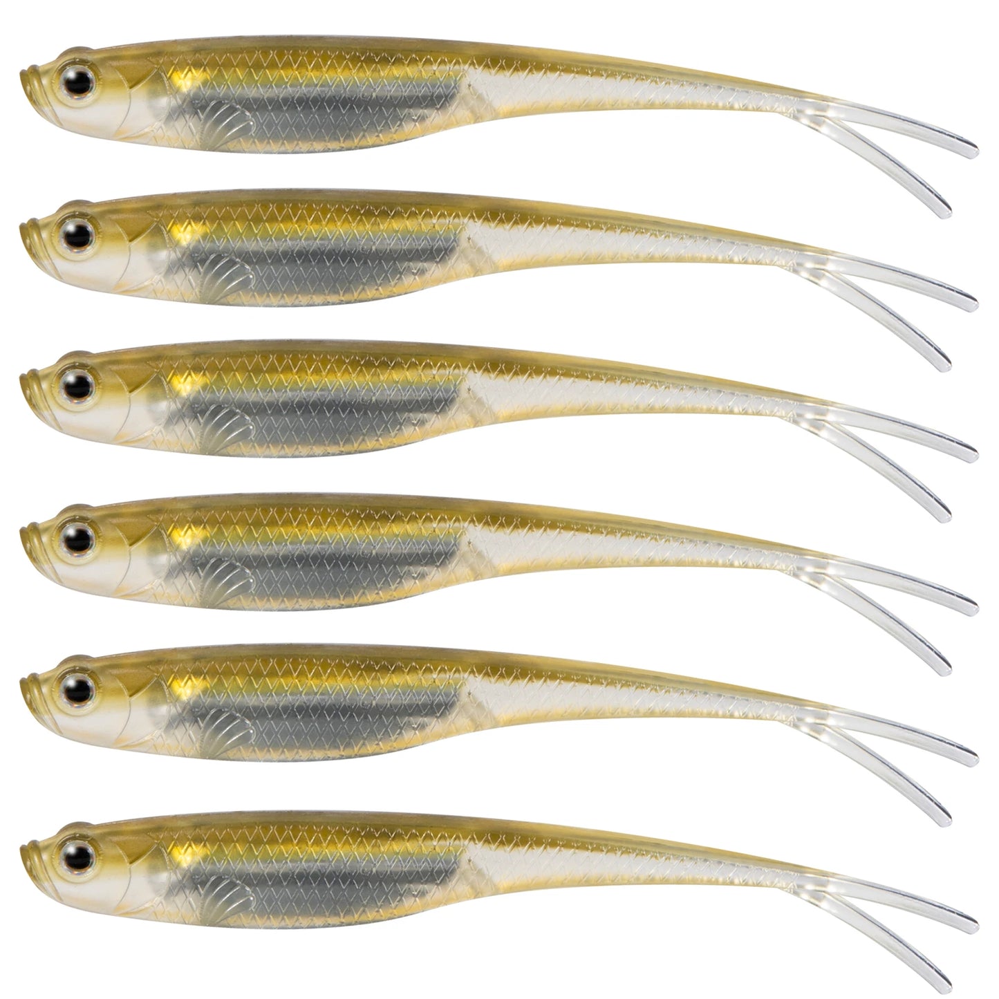 Set of six bass fishing soft baits in translucent color for effective lure action