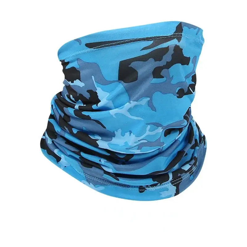 Camo face scarf for fishing in blue and black design for outdoor protection while fishing
